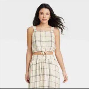 a new day cropped window pane linen blend top